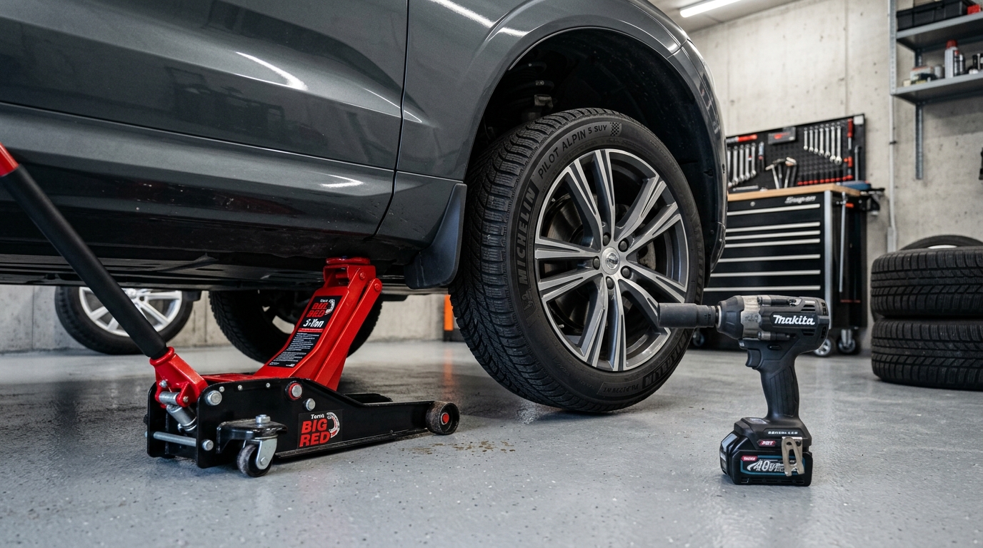 Přezutí auta na zimu doma - hydraulická žába a aku rázový utahovák