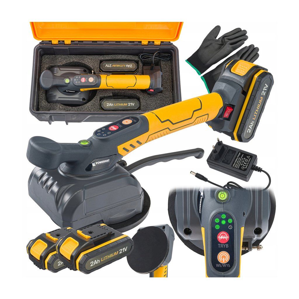 PajAndy TileVibe PRO 21V – celkový pohled na vibrační přísavku s nasazeným akumulátorem.