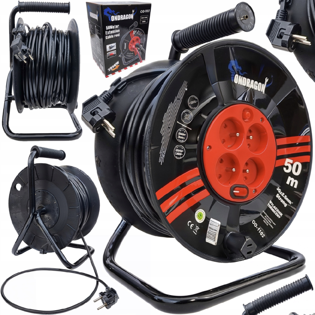 PajAndy CableDrum PRO 25m – celkový pohled na bubnový prodlužovací kabel s ocelovým rámem.