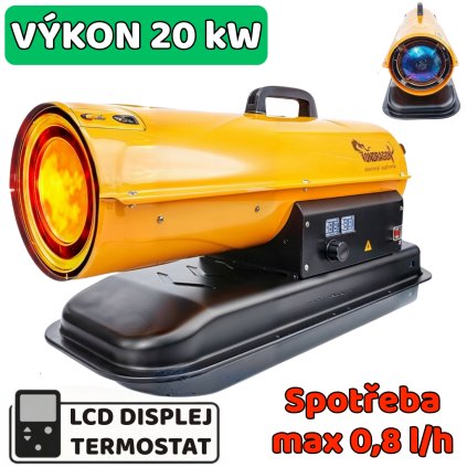 Naftová horkovzdušná turbína Ondragon 20 kW - Termostat, 12l nádrž, LCD Displej