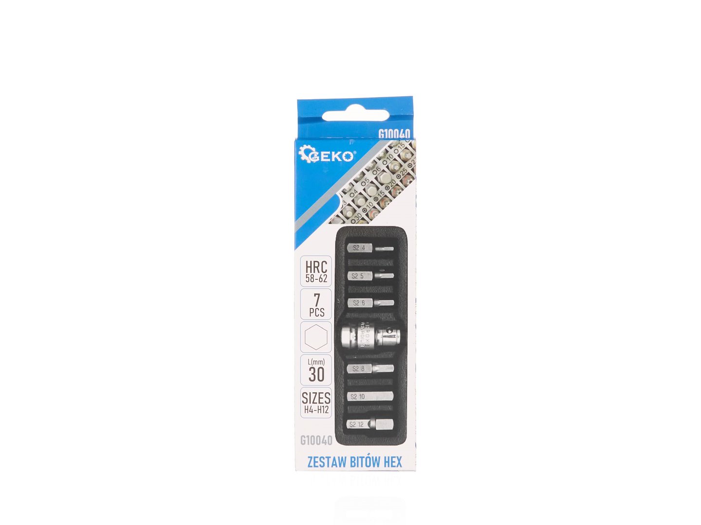 7dílná sada HEX bitů Geko G10040 – detail bitů a adaptéru