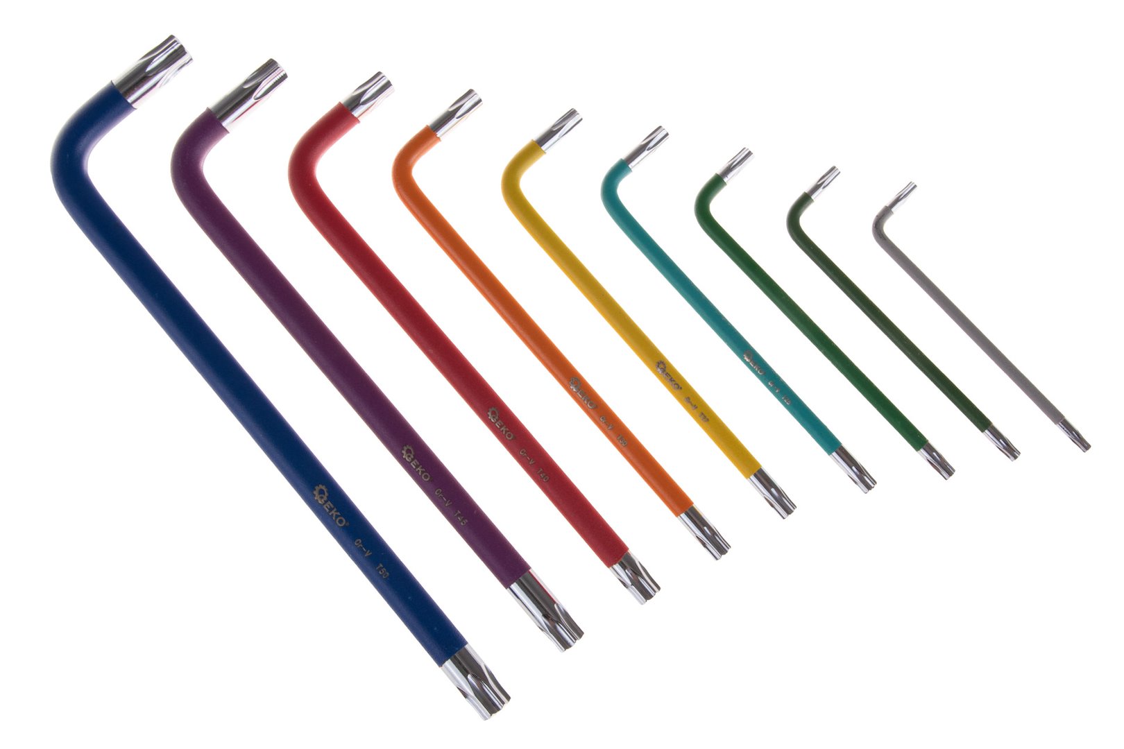 Barevné torx klíče Geko – detail CrV materiálu a tvaru L
