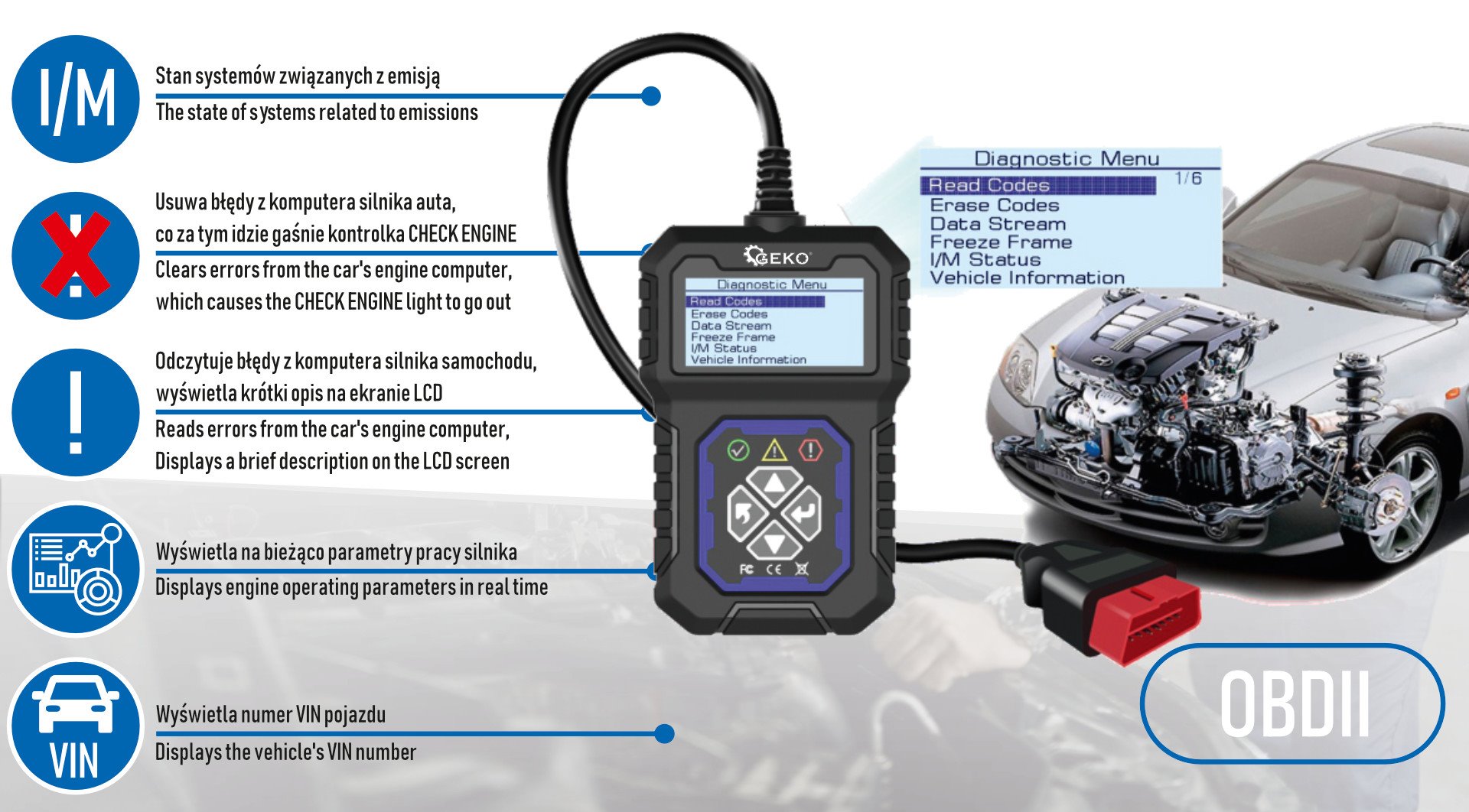 Diagnostický tester OBDII T31 – obsah balení s kabelem a pouzdrem