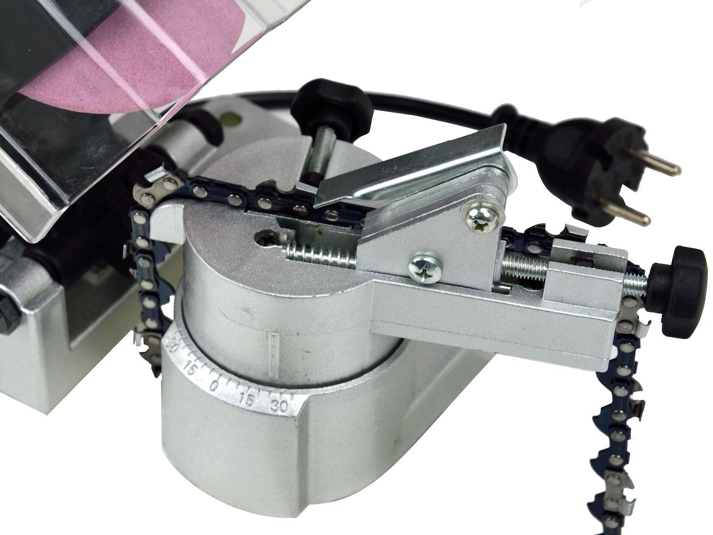 Elektrická bruska na řetězy GEKO G81029 – detail nastavení stupnice