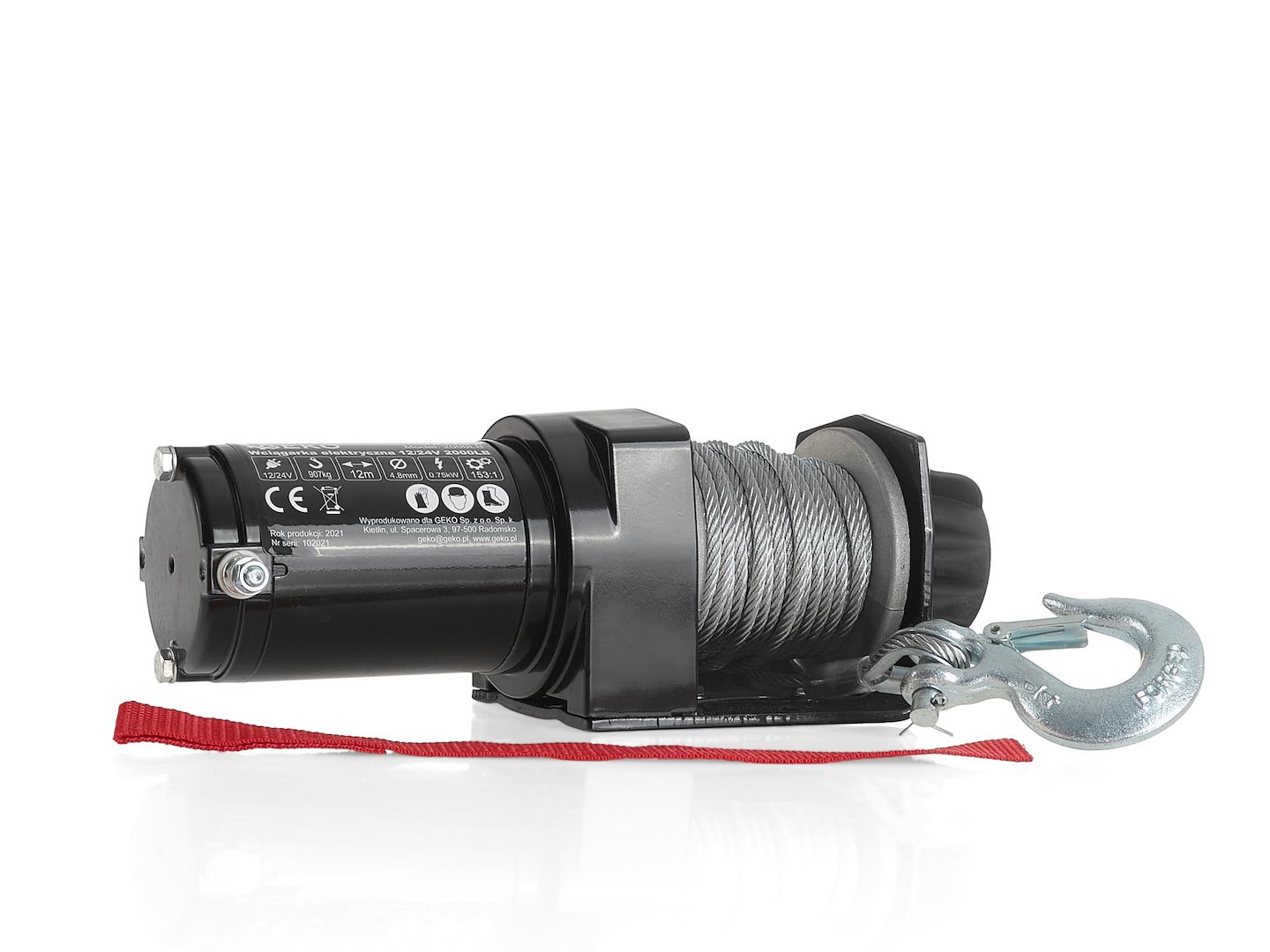 Elektrický naviják Geko 12 V 2000 LB – drátěné lano s hákem