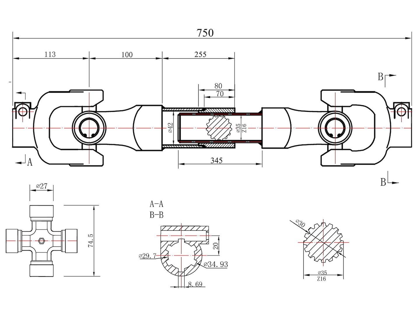 Hřídel převodovky 75 cm fréza – detail provedení