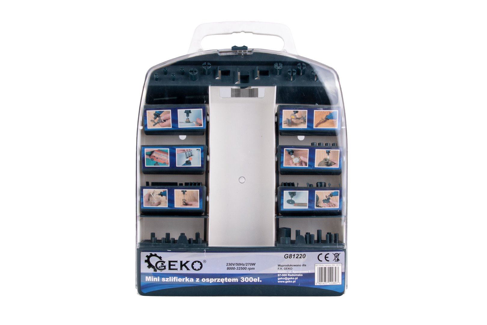 Geko G81220 mini přímá bruska s flexibilní hřídelí a příslušenstvím – detail nástavců
