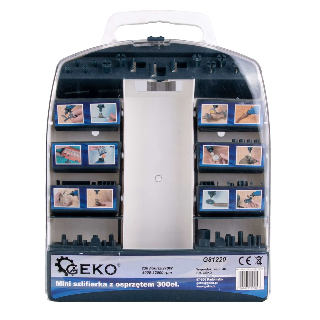 Geko G81220 kufřík pro mini brusku s příslušenstvím 300 ks – pohled na obsah sady