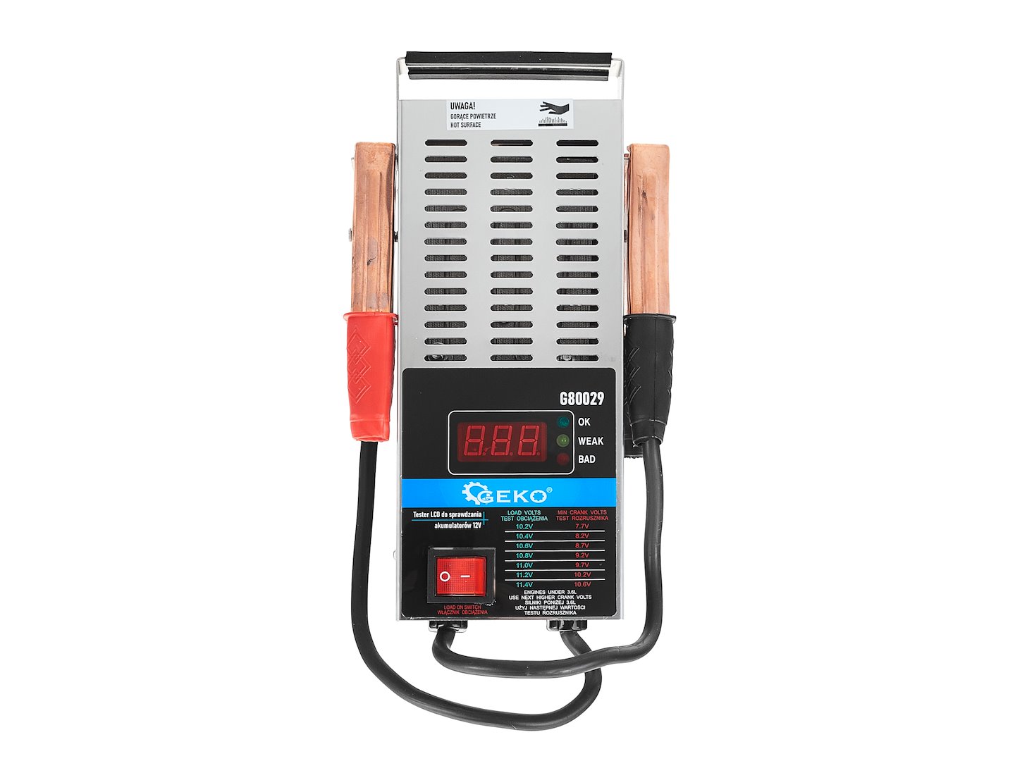 LCD tester Geko – detail připojení svorek na baterii