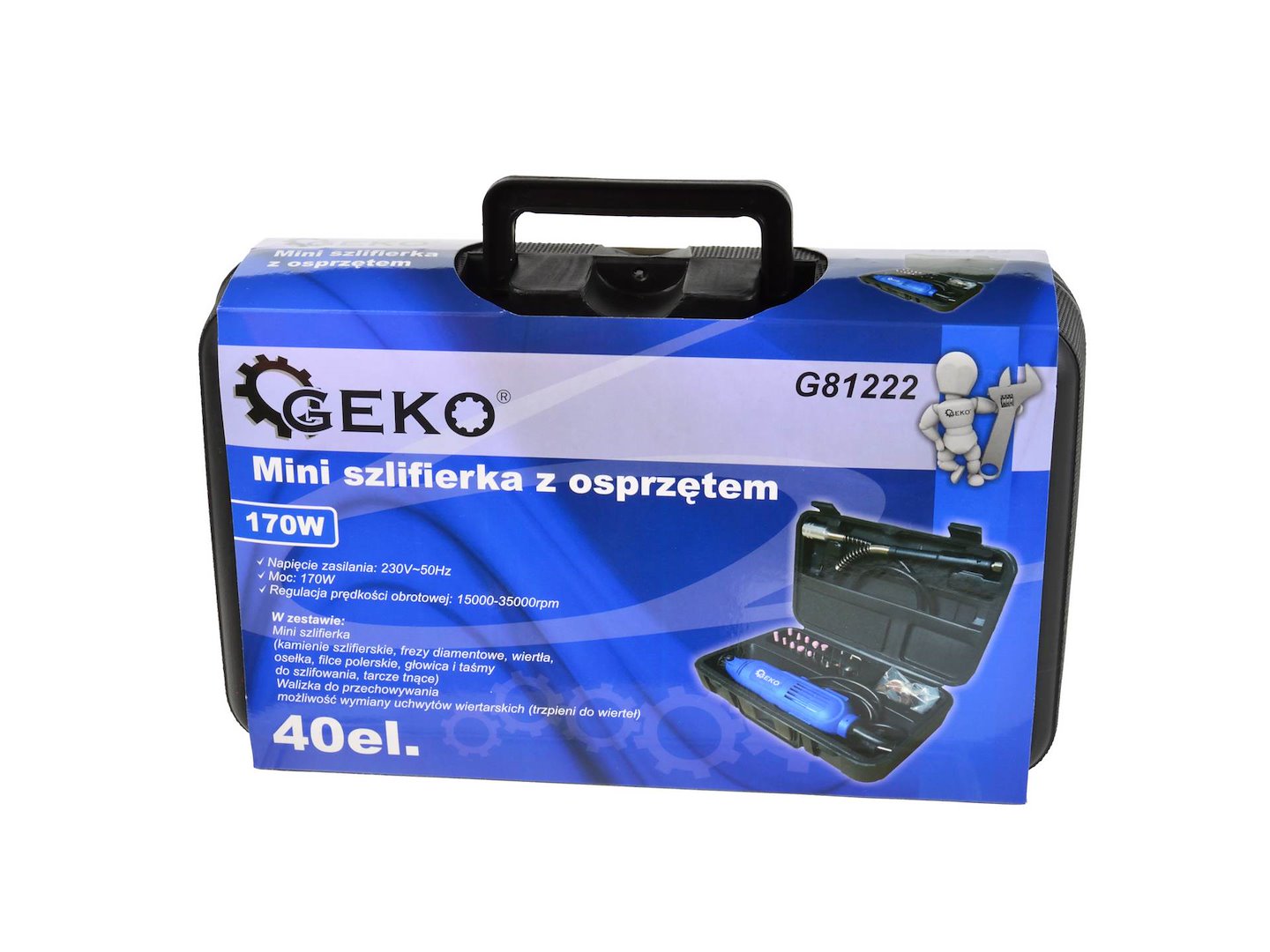 Geko G81222 mini bruska – detail uložení příslušenství v kufříku