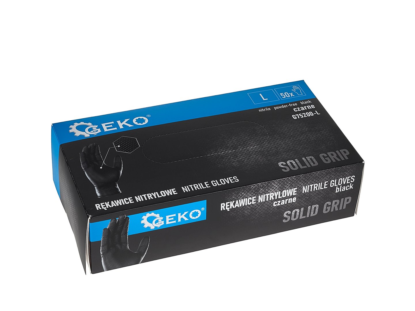 Nitrilové rukavice Geko SOLID GRIP L – detail balení a certifikace