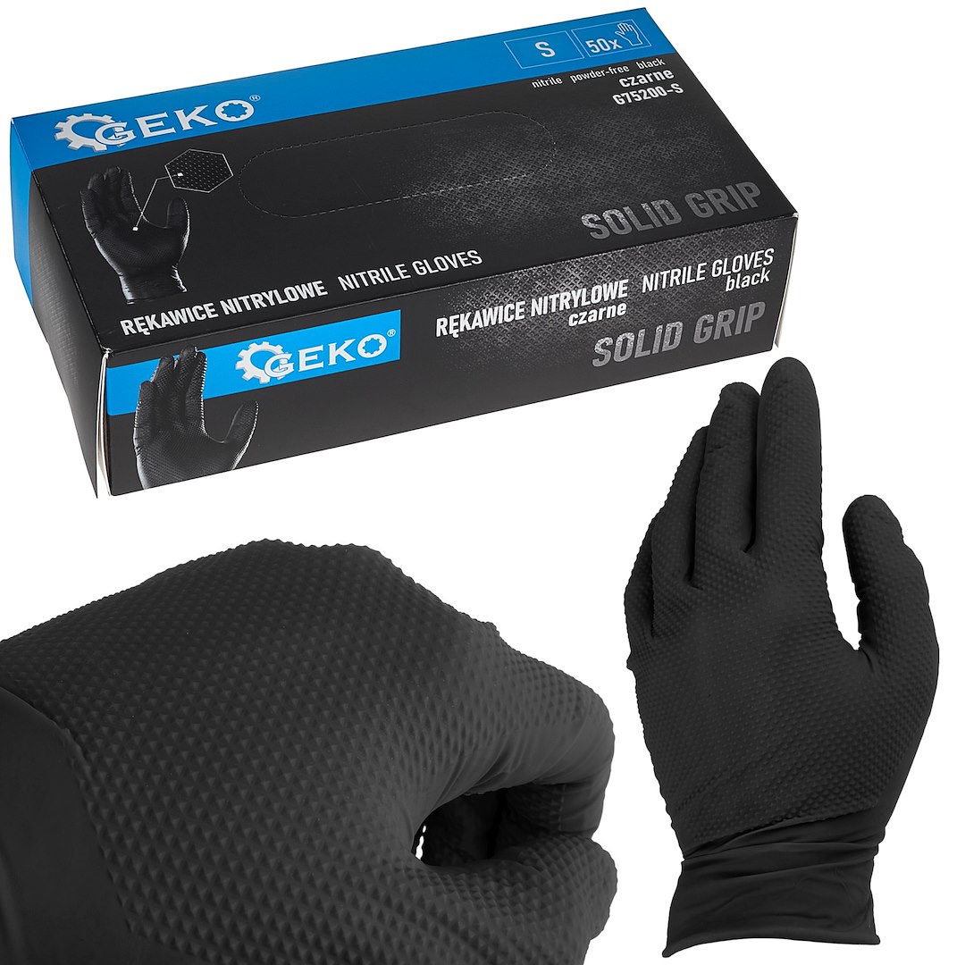 Nitrilové rukavice Geko SOLID GRIP 3D černé velikost S – pohled na balení