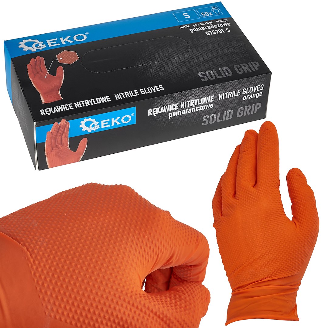 Nitrilové rukavice Geko SOLID GRIP S oranžové – celkový pohled na balení