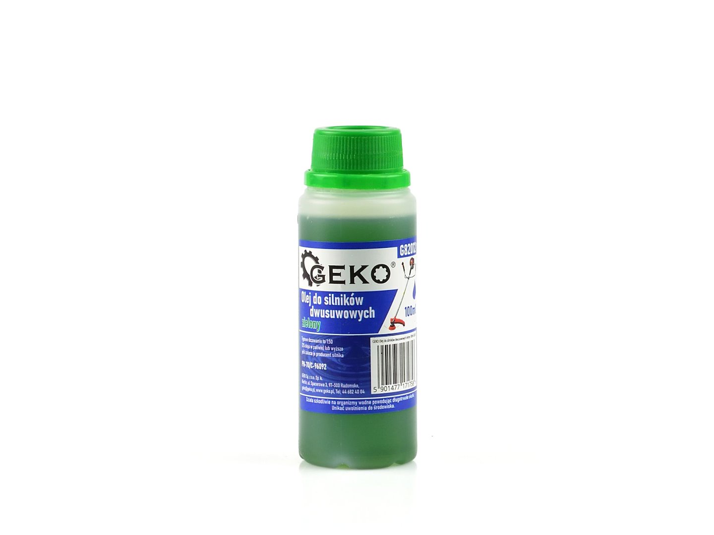 Olej do dvoutaktových motorů Geko zelený 100 ml – celkový pohled na balení