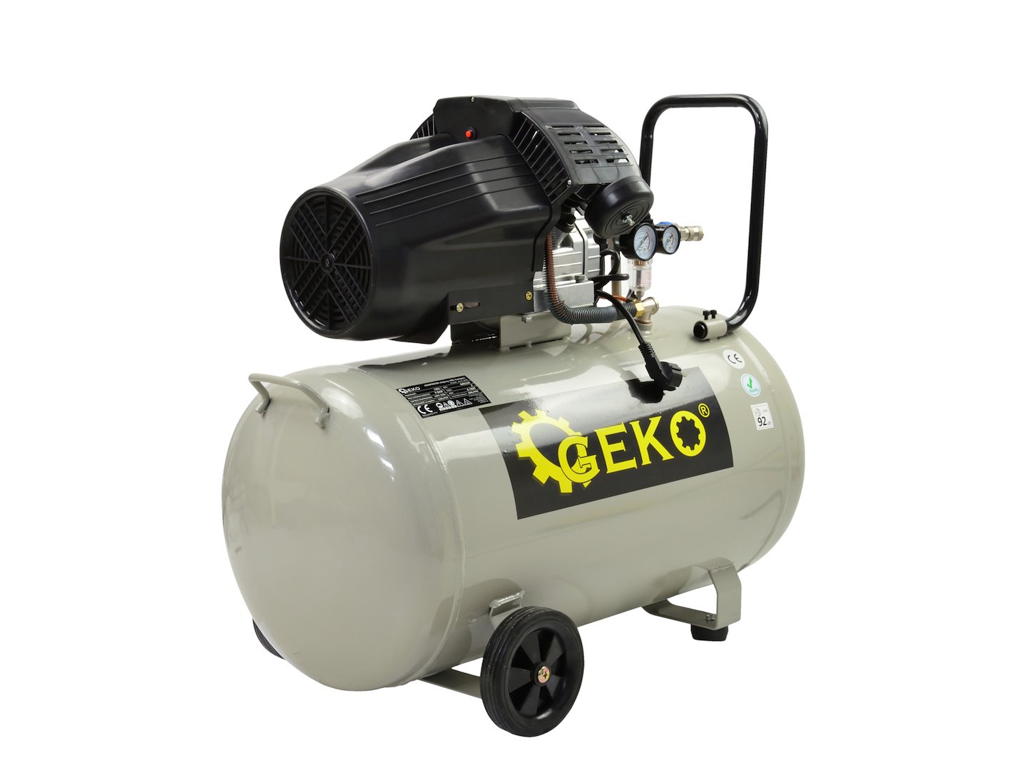 Olejový kompresor Geko 100 l Compact – ovládací panel a manometry