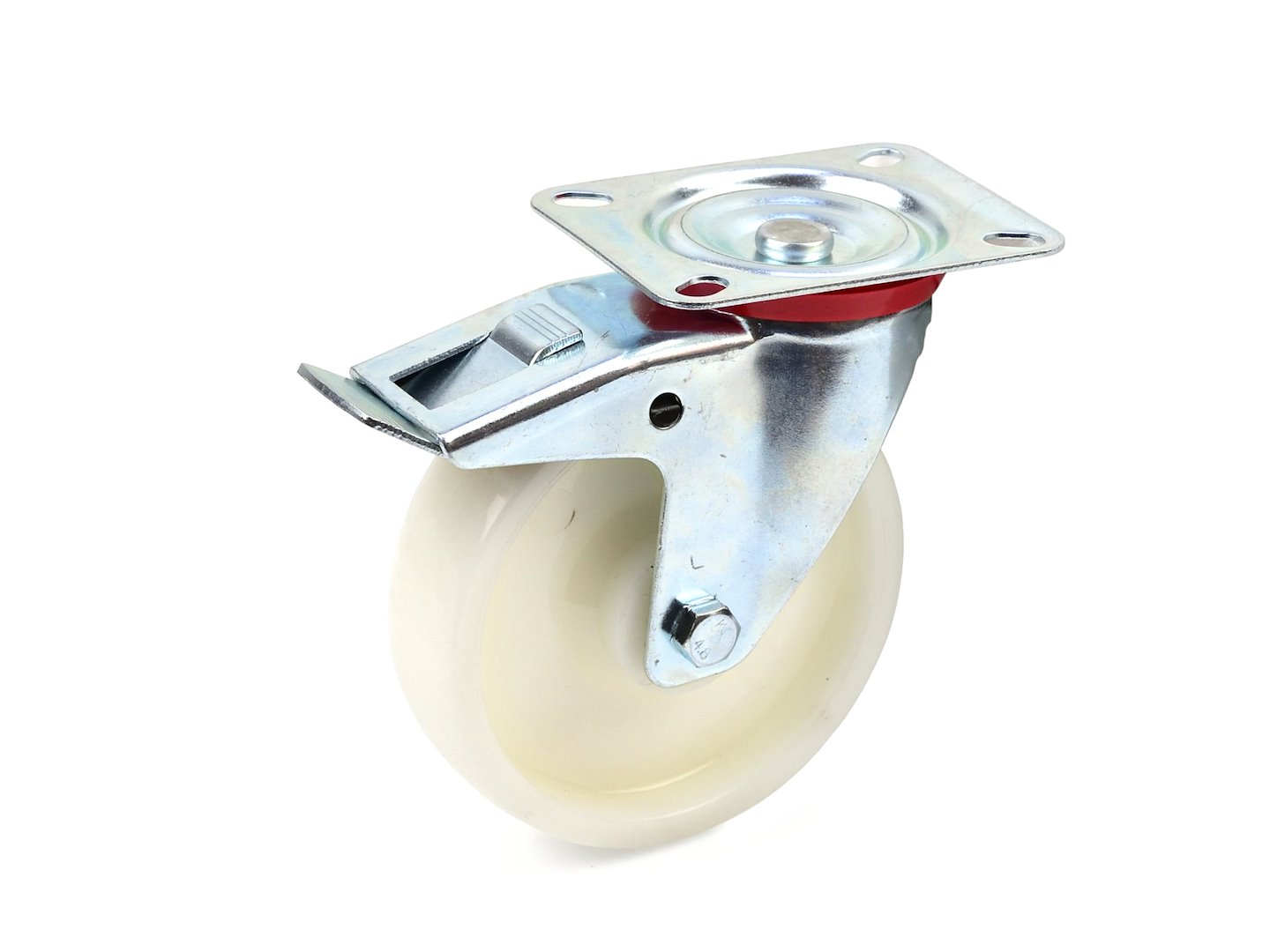 Otočné kolečko s brzdou 125 mm PP – Geko, pohled na kolečko s brzdovým mechanismem