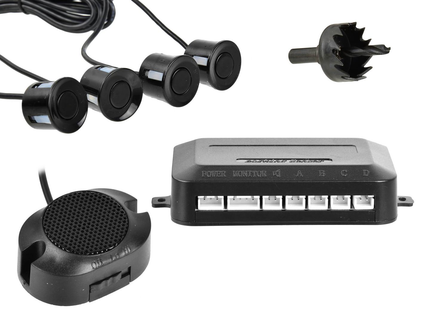 Parkovací senzor Geko Buzzer+ 4 senzory – celkový pohled na sadu