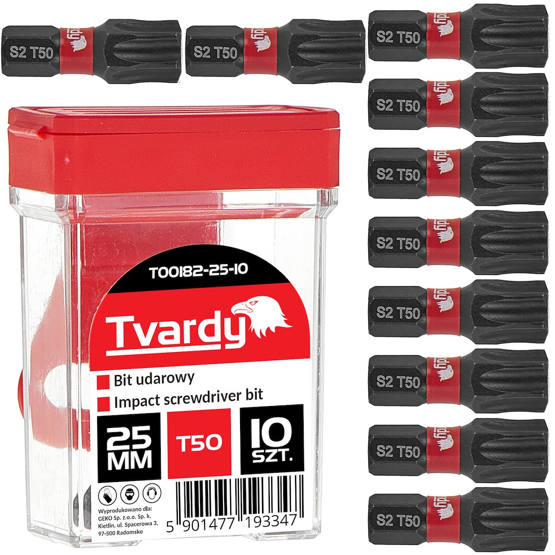 Rázový bit T50 25 mm S2 – pohled na krabičku s bity