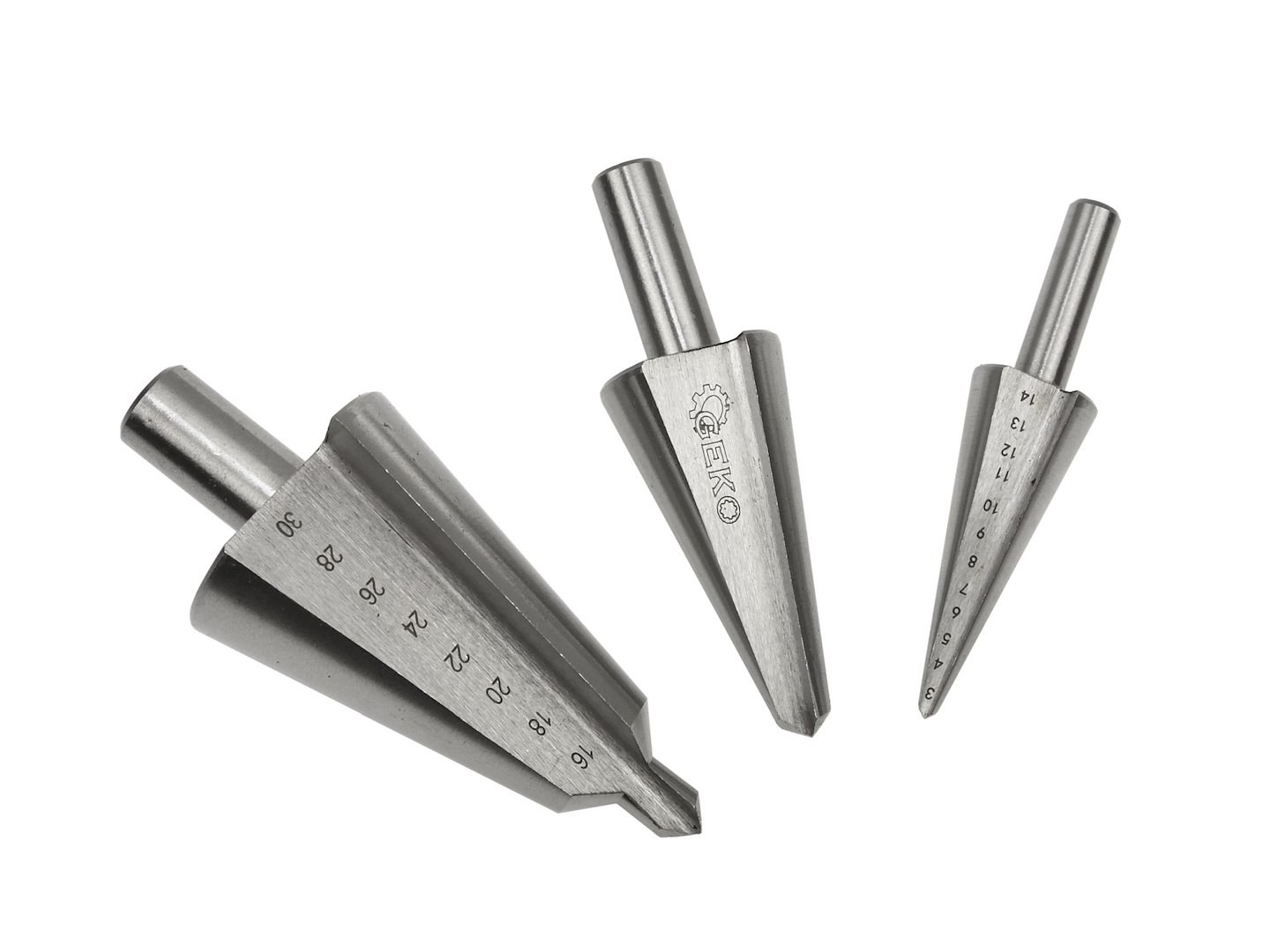 Sada 3 ks stupňovitých vrtáků 3–30 mm – detail stupňů vrtáku