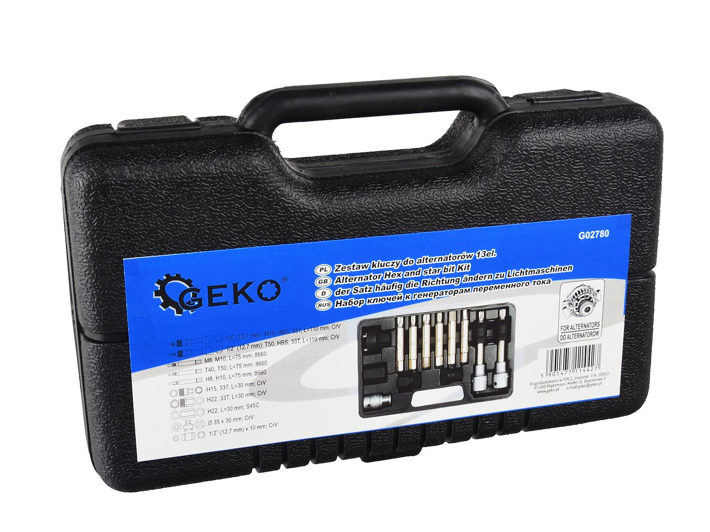 Sada klíčů pro alternátory Geko G02780 – detail klíčů a bitů