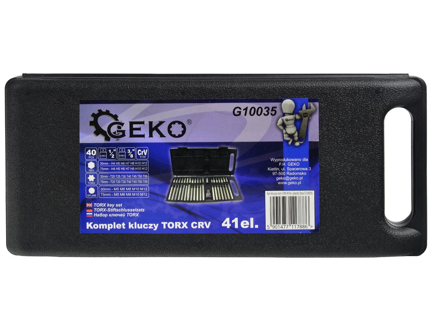 Sada bitů Torx Spline HEX Geko G10035 – pohled na celou sadu v boxu