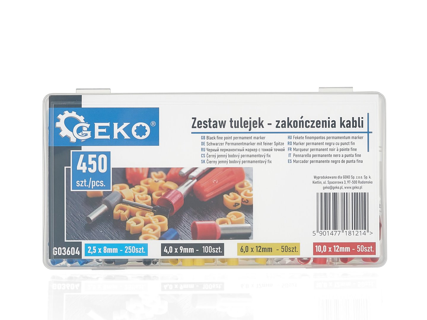 Sada kabelových lisovacích dutinek Geko 450 ks – detail barevného rozlišení dutinek
