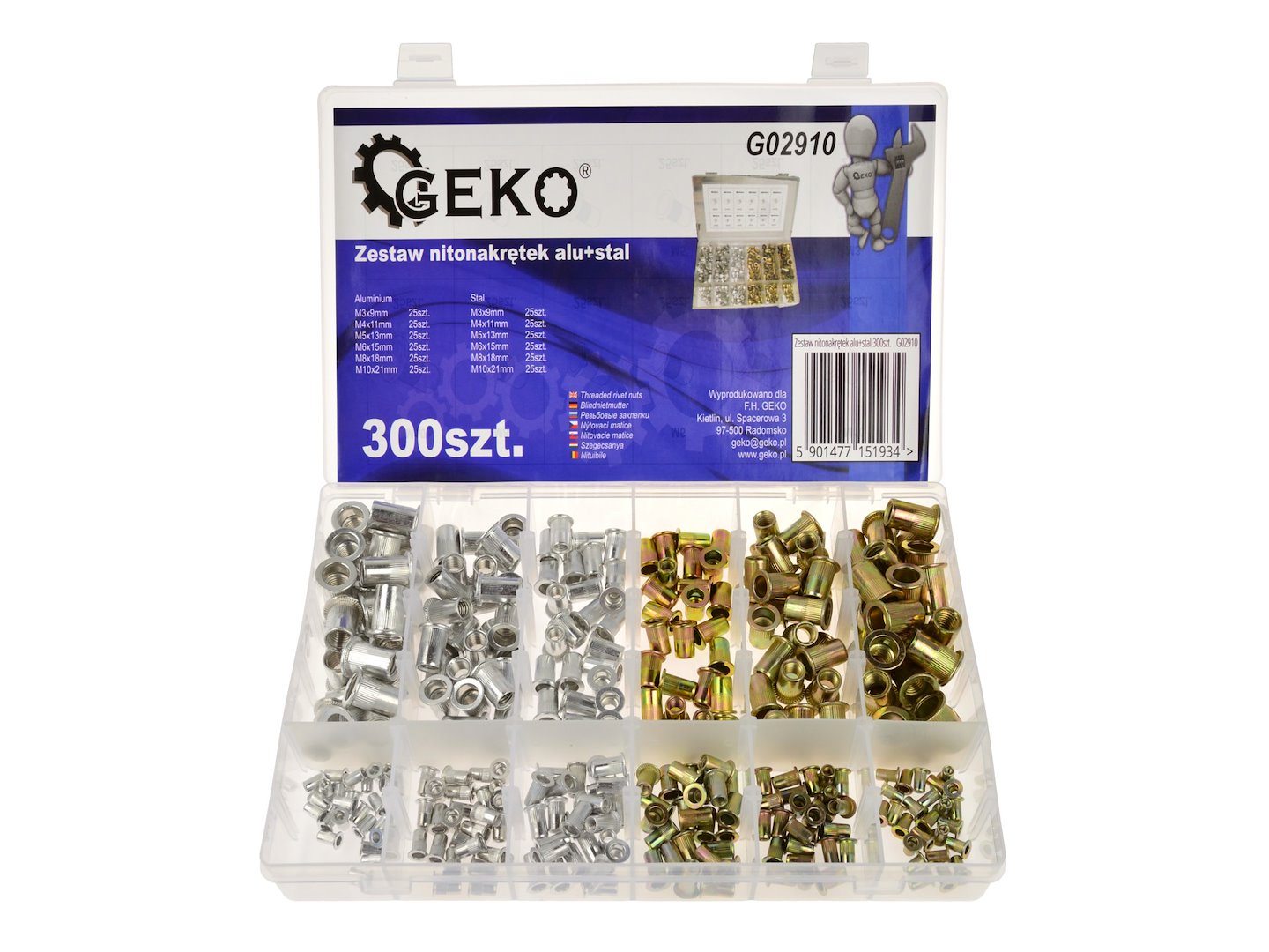 Sada nýtových matic Geko G02910 – celkový pohled na sadu