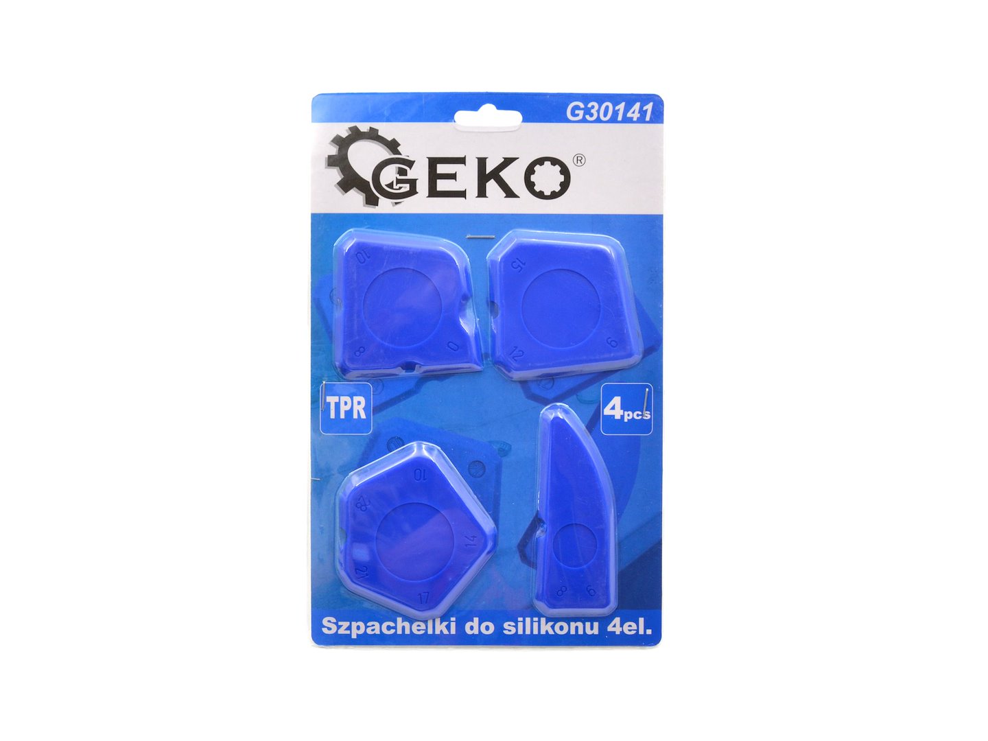 Silikonové stěrky Geko 4 ks – detail pracovních hran a balení