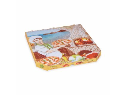 Krabica na pizzu (mikrovlnitá lepenka) E6 biela s potlačou 33 x 33 x 3 cm [100 ks]