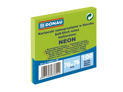 Bloček Donau neónový, 76 x 76 mm, zelený, 100 lístkov