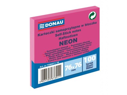 Samolepiaci bloček Donau neónový, 76 x 76 mm, ružový, 100 lístkov