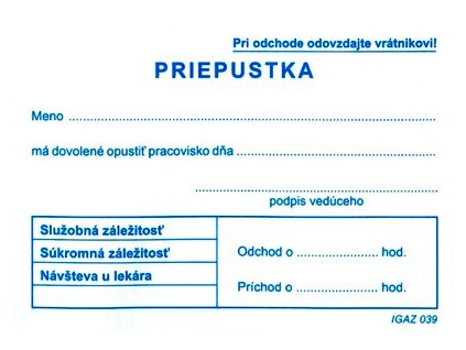 Priepustka - A7 blok=100 listov