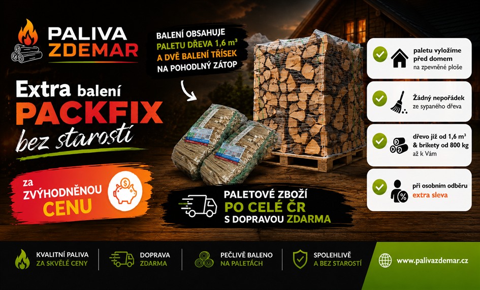 výhodné balení 1,6 prms dřeva na paletě PACKFIX + dvě balení třísek