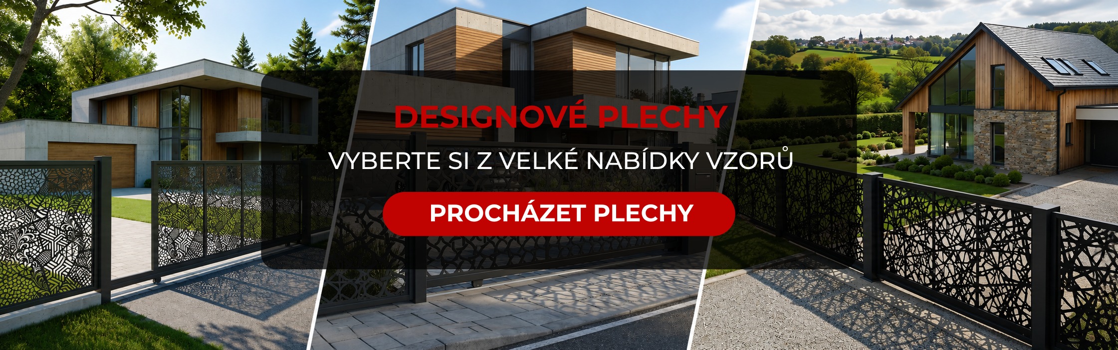 Moderní domy s bránou tvořené moderními designovými plechy