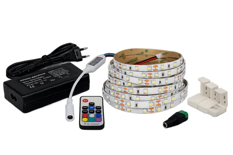 LED set - 220V zdroj, LED pásek, dálkový ovladač, konektor a L spojky.