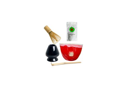 set na přípravu čaje matcha s červenou miskou, černý stojánek