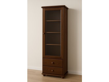 Dřevěná knihovna – vitrína z masivu borovice, odstín ořech