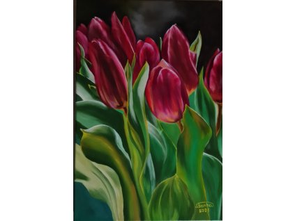 Ručně malovaný obraz na plátně květiny Červené tulipány