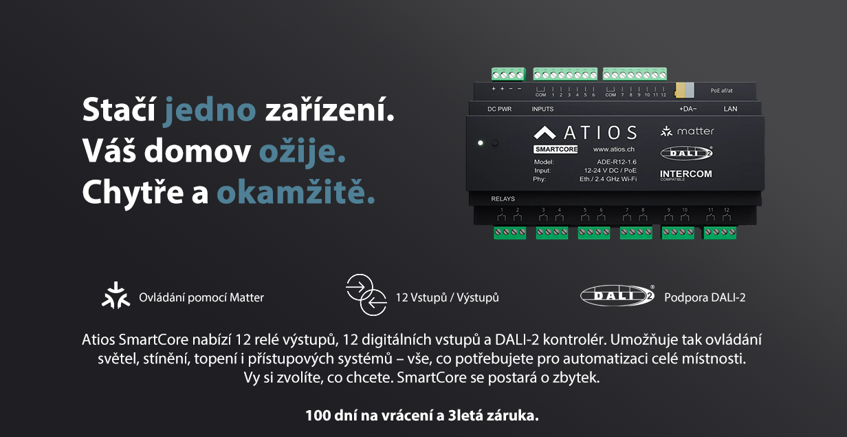Atios SmartCore – chytré jádro domácnosti s 12× relé, 12× vstupy a DALI-2