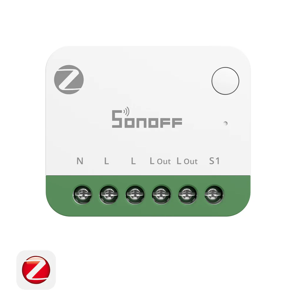 Zigbee chytrý spínač Sonoff MINI-ZB1GSP v bílo-zeleném provedení se svorkami N, L, L, L Out, L Out a S1 a tlačítkem