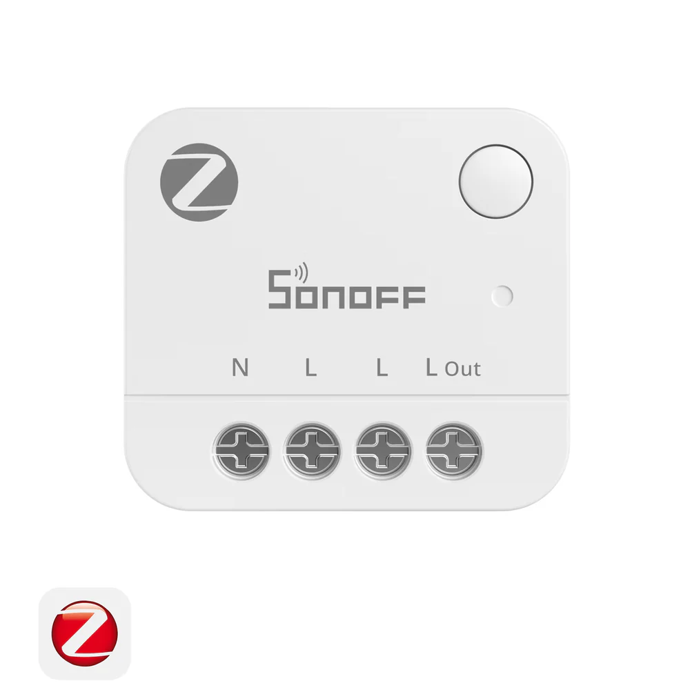Zigbee modul pro měření spotřeby Sonoff MINI-ZB1GP v bílém provedení se svorkami N, L, L a L Out a tlačítkem