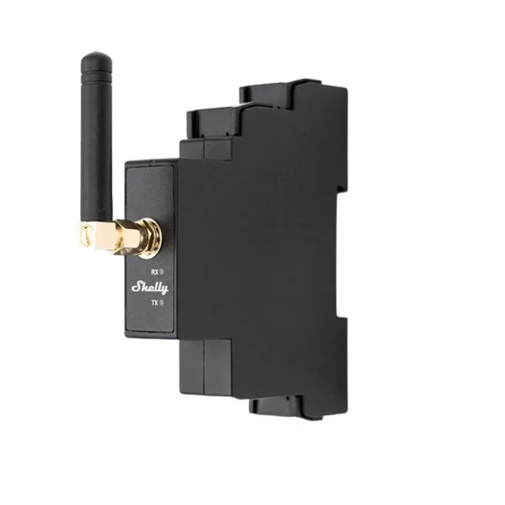 Černý modul Shelly Pro LoRa Add-on se SMA konektorem, externí anténou a LED indikátory RX a TX