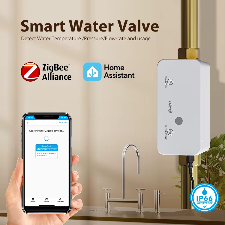 Neo Smart ventil NAS-WV01Z nainstalovaný na vodovodním potrubí, párování přes Zigbee do Home Assistant