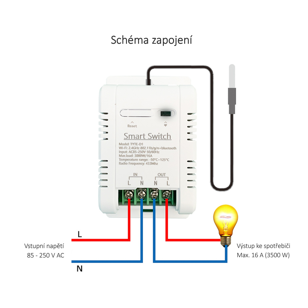 EwTouch T16 eWeLink Wi-Fi spínač s měřením teploty – schéma zapojení