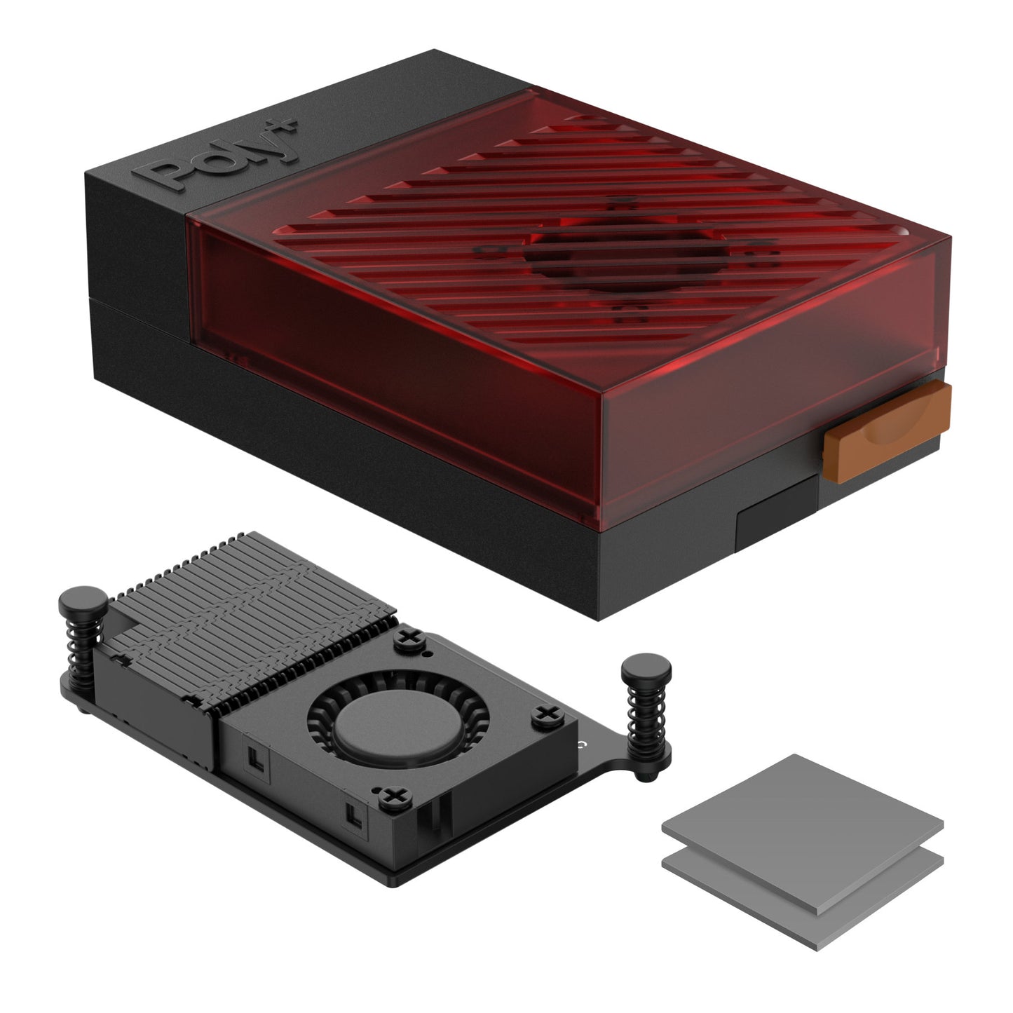 Argon Poly+ 5 Case THRML 30mm Active Cooler – celkový pohled na červené plastové pouzdro pro Raspberry Pi 5