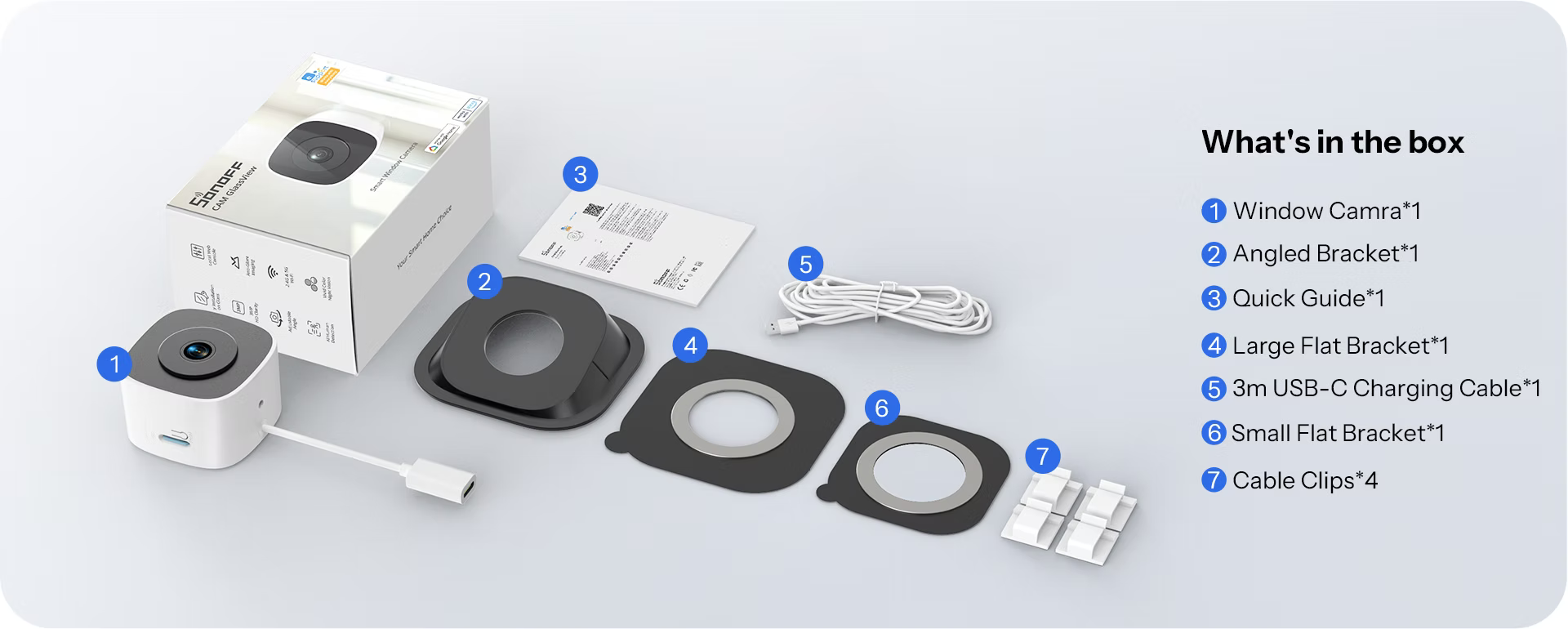 Obsah balení kamery CAM-S3W: kamera, úhlový, velký a malý plochý držák, kabel USB-C 3 m, příchytky kabelu a návod