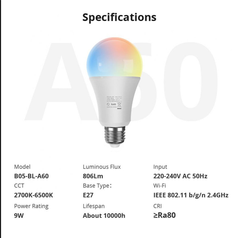 Specifikace žárovky – světelný tok 806 lm, CCT 2700–6500 K, příkon 9 W, patice E27, napájení 220–240 V AC 50 Hz, Wi-Fi 802.11 b/g/n 2,4 GHz a CRI ?Ra80