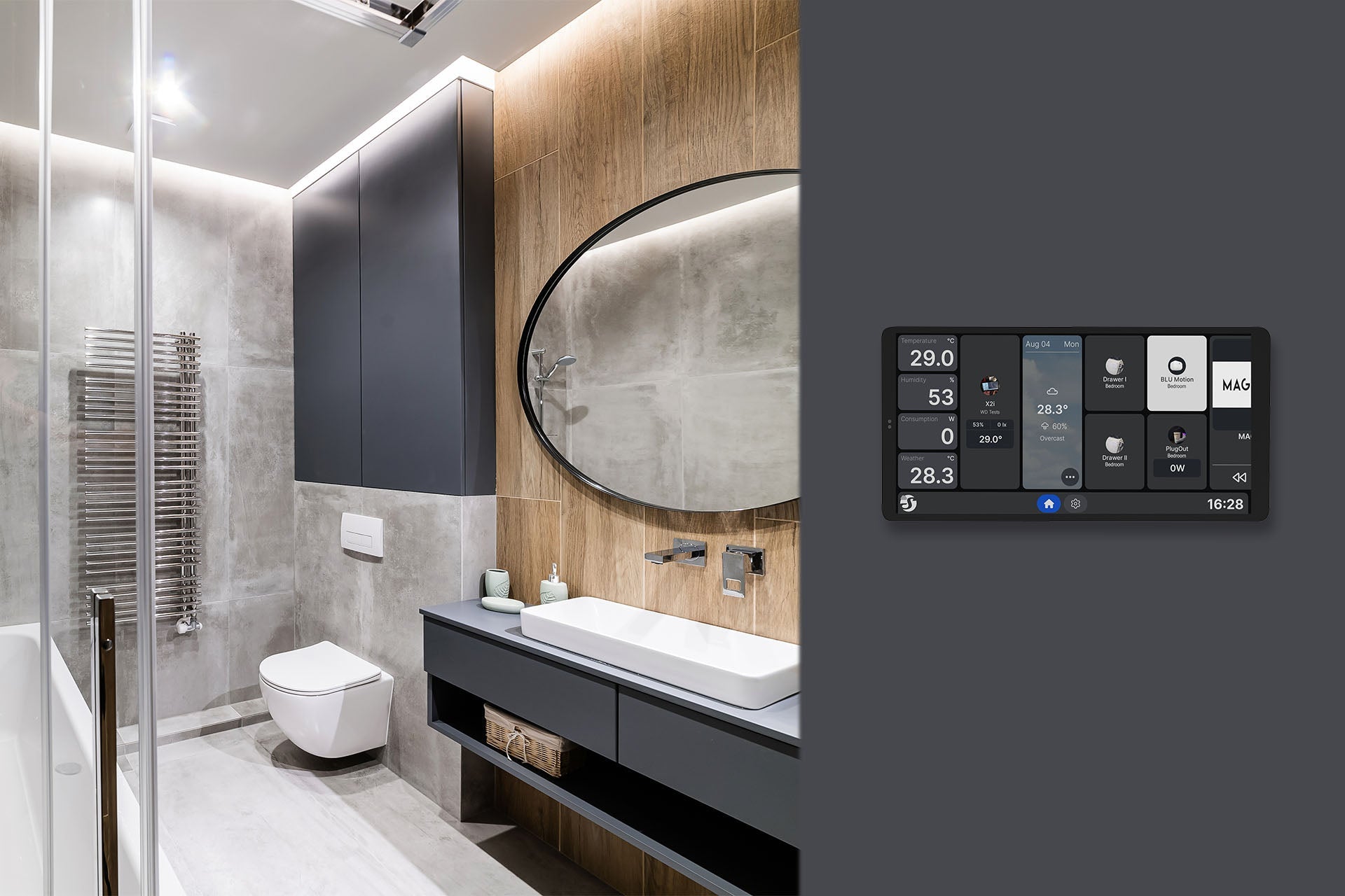 Nástěnný dotykový panel Shelly Wall Display X2i na stěně moderní koupelny s oválným zrcadlem, umyvadlem a sprchovým koutem