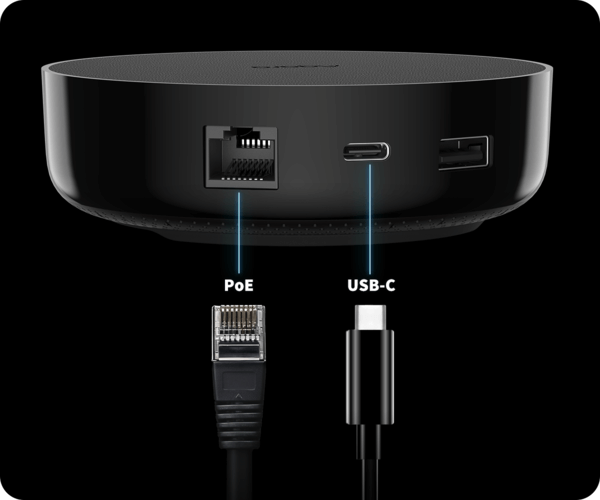 Zadní strana Hub M200 s konektory RJ45 PoE a USB-C a portem USB-A