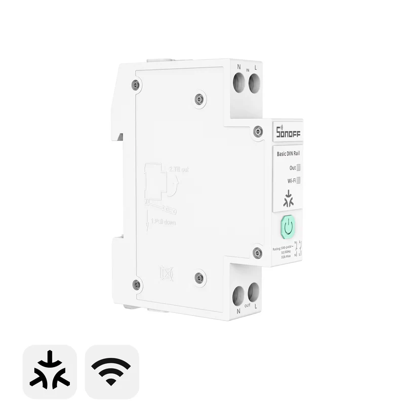 Spínač Sonoff BASIC-1GSP na DIN lištu se vstupními svorkami N IN L, výstupními N OUT L, zeleným tlačítkem a symboly Matter a Wi-Fi